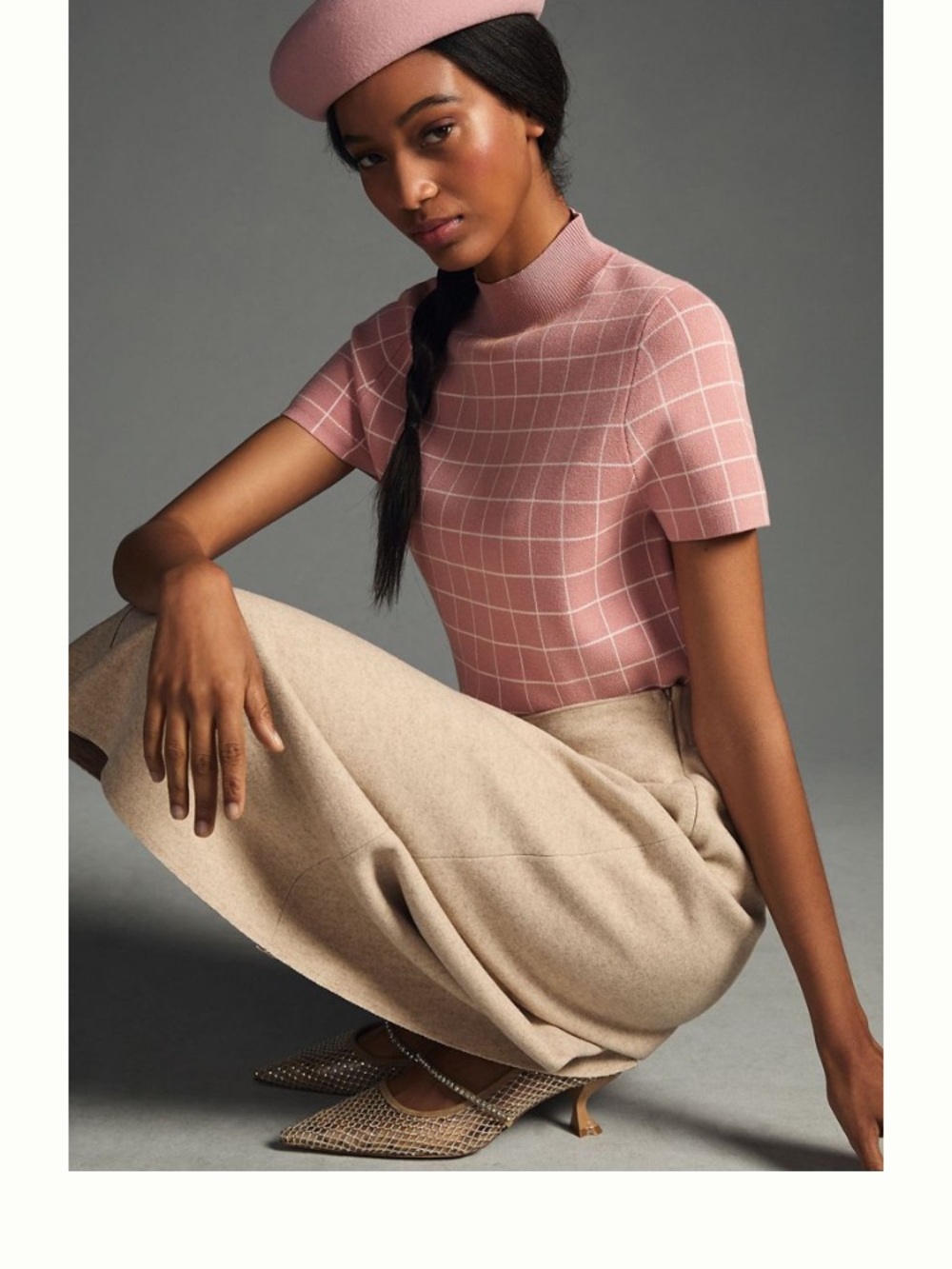 Anthropologie Maeve Mock Neck Pink Windowpane Knit Sweater Top